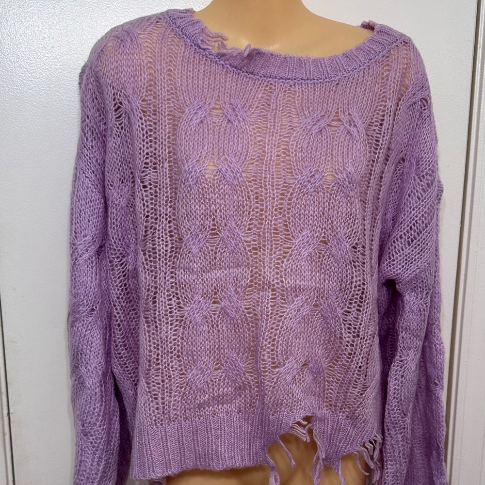 Kendall & Kylie Lavender Distressed Open-Knit Crewneck Sweater